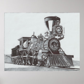 Ink Pen Drawing of a Steam Locomotive Poster