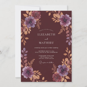 Ink Plum Amber Leafy Wedding Invitation