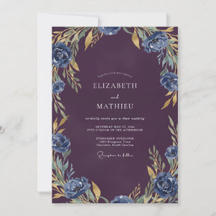 Ink Plum Sapphire Leafy Wedding Invitation