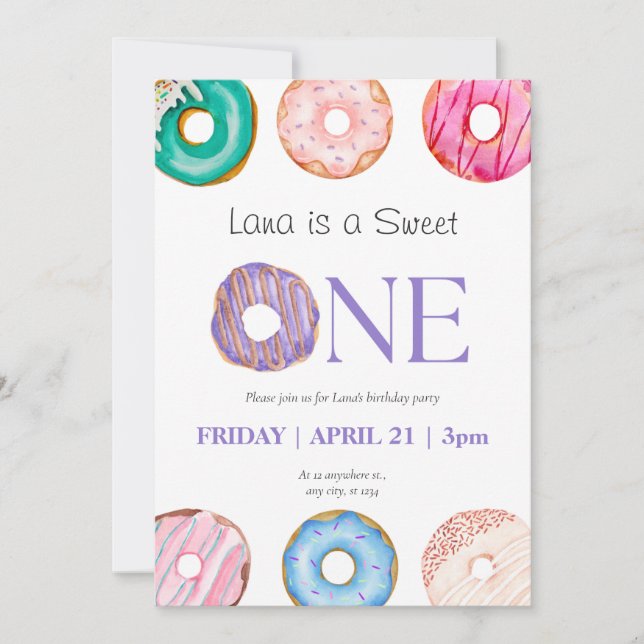 ink Purple Blue Doughnut 1st Birthday Party  Invitation (Front)