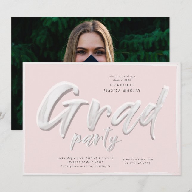 Ink script graduation photo party invitation (Front/Back)