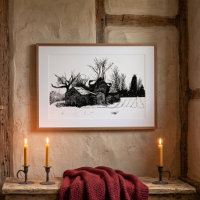 Ink Sketch Old Farm Winter Scene Poster