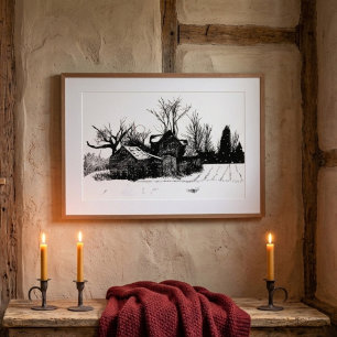 Ink Sketch Old Farm Winter Scene Poster