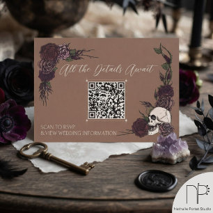 Ink Skull & Floral Tan Wedding QR Card