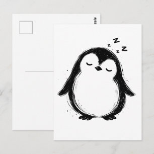 Ink Sleepy Penguin Black Brushstroke Art on Postcard