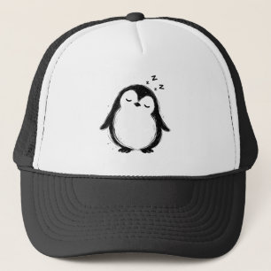 Ink Sleepy Penguin Black Brushstroke Art on Trucker Hat