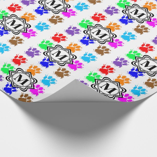 Ink Splatter Dog Paws With Monogram Wrapping Paper (Corner)