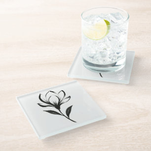Ink-Style Magnolia – Elegant Floral Design on Glass Coaster