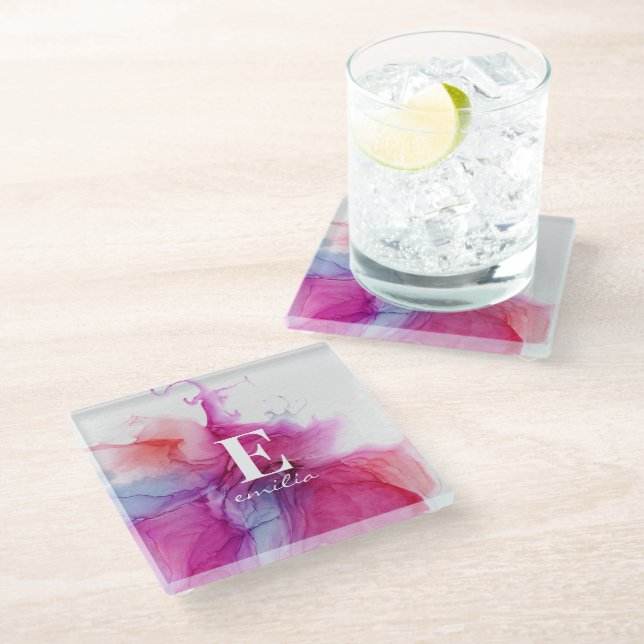 Ink tie-dye pink modern chic custom Monogram Throw Glass Coaster (Angled)