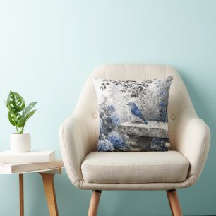 Ink Wash Bluebird On a Stone Garden Bench Cushion