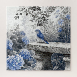 Ink Wash Bluebird On a Stone Garden Bench Jigsaw Puzzle