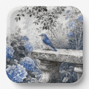 Ink Wash Bluebird On a Stone Garden Bench Paper Plate