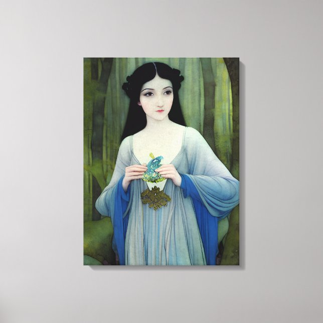 Ink Wash Illustration of Beautiful Woman in Woods Canvas Print (Front)