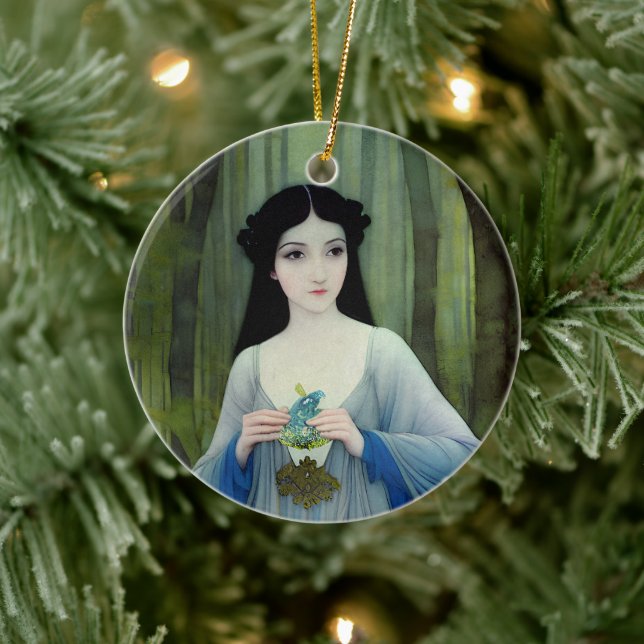 Ink Wash Illustration of Beautiful Woman in Woods Ceramic Tree Decoration (Tree)