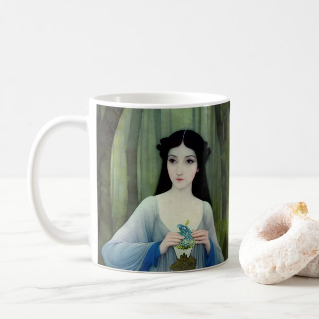 Ink Wash Illustration of Beautiful Woman in Woods Coffee Mug (With Donut)