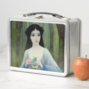 Ink Wash Illustration of Beautiful Woman in Woods Metal Lunch Box