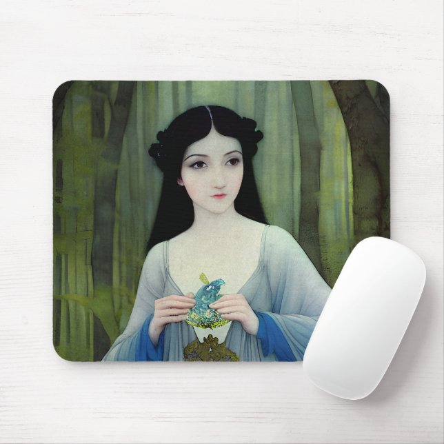 Ink Wash Illustration of Beautiful Woman in Woods Mouse Mat (With Mouse)