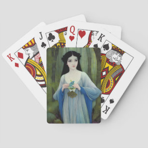 Ink Wash Illustration of Beautiful Woman in Woods Playing Cards