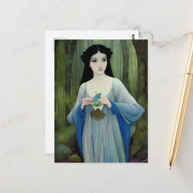 Ink Wash Illustration of Beautiful Woman in Woods Postcard (Front/Back In Situ)