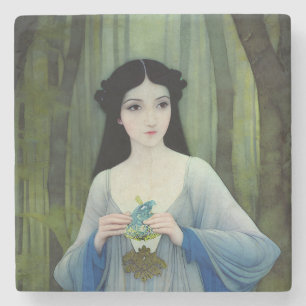 Ink Wash Illustration of Beautiful Woman in Woods Stone Coaster