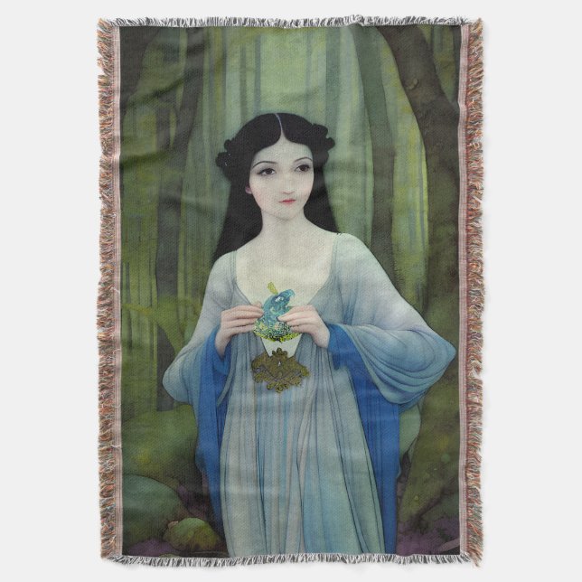 Ink Wash Illustration of Beautiful Woman in Woods Throw Blanket (Front Vertical)
