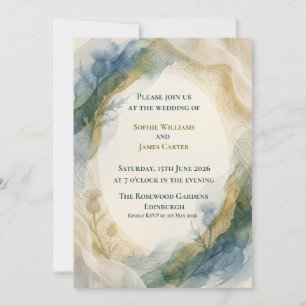 Ink Wash Teal Thistle Gold Wedding Invitation