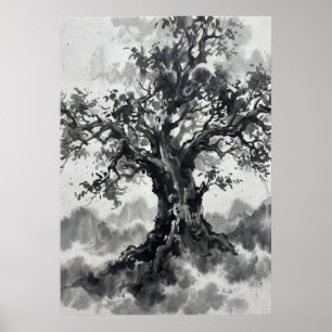 Ink Wash Tree Poster Japanese Zen Art Monochro