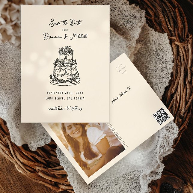 Ink Whimsical Hand Drawn Cake Save the Date Postcard (Creator Uploaded)