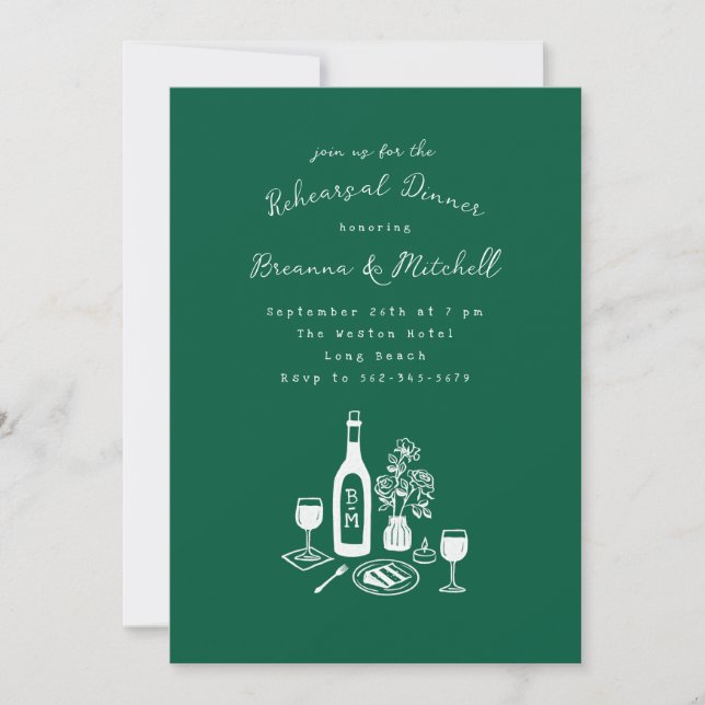 Ink Whimsical Hand Drawn Green Rehearsal Dinner Invitation (Front)