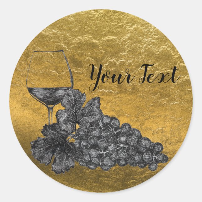 Ink Wine Glass Grapes Gold Background Classic Round Sticker (Front)