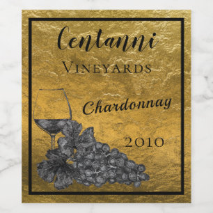 Ink Wine Glass Grapes Gold Background Label