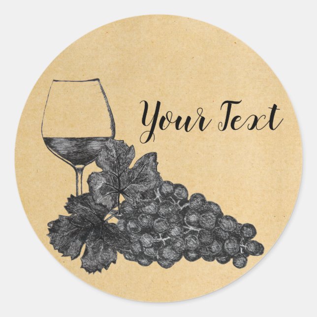 Ink Wine Glass Grapes Old Paper Background Classic Round Sticker (Front)