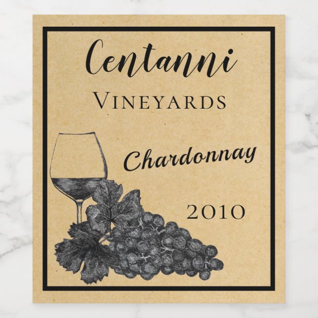 Ink Wine Glass Grapes Old Paper Background Label (Single Label)
