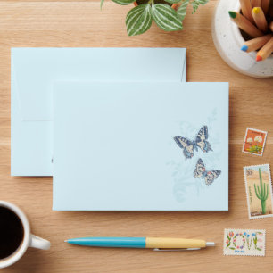 Inked butterflies blue wedding envelope