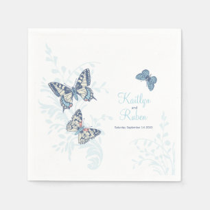 Inked butterflies blue white art wedding napkins