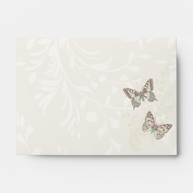 Inked butterflies cream teal wedding envelope (Front)