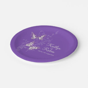 Inked butterflies purple art wedding paper plates