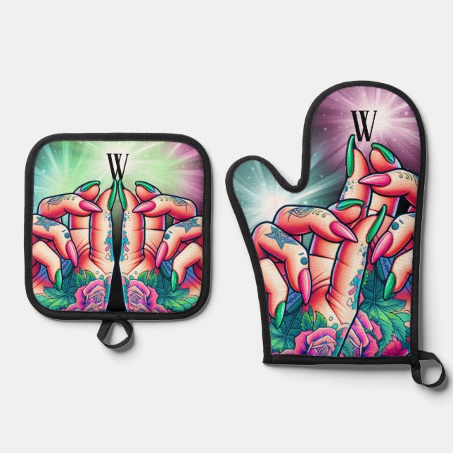 Inked Helping Hands Oven Mitt & Pot Holder Set (Front)
