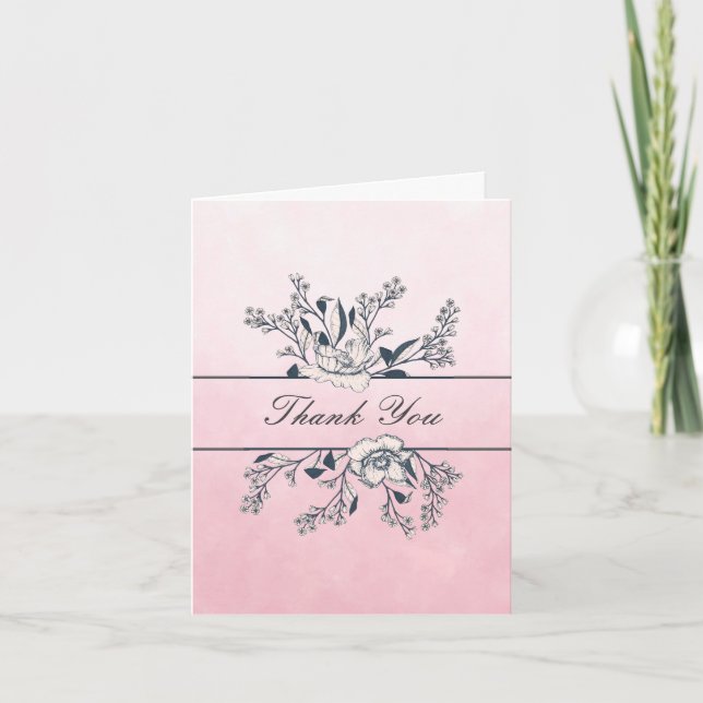 Inked Line Art Pink Ombre Poppies Thank You Card (Front)