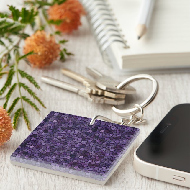 Inkwell Blue Cobbled Patchwork Terrazo Pattern Key Ring (Front Right)