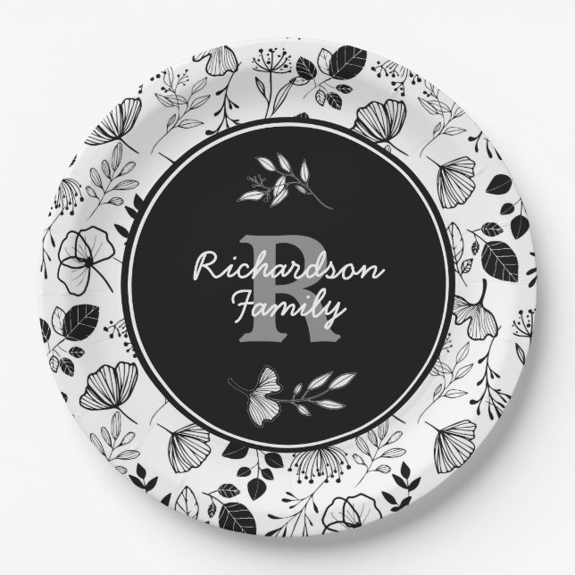 Inky black florals custom paper plate (Front)