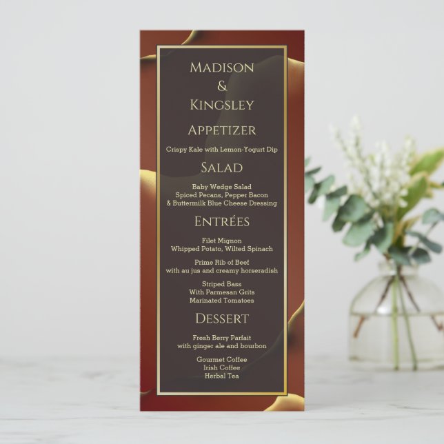Inky Earthtone Red Abstract Amazing Fab Wedding Menu (Standing Front)