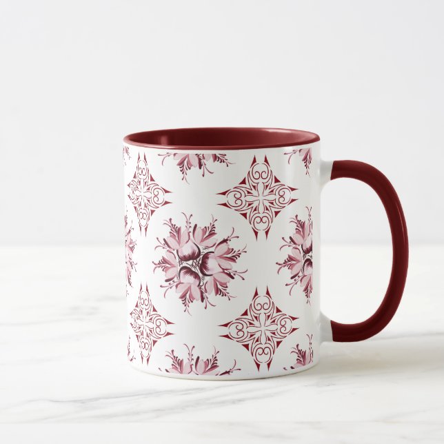 Inky Floral Coffee Mug | Burgundy Maroon and White (Right)
