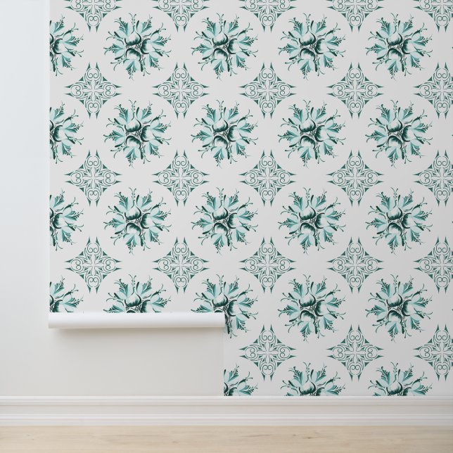Inky Floral Wallpaper | Teal Green White (Application)