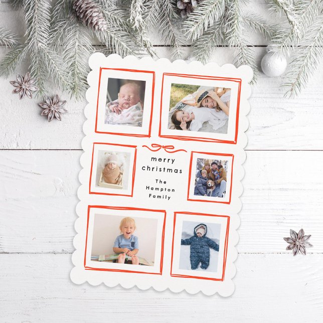 Inky Frames Red Bow Merry Christmas Collage Photo Holiday Card (Creator Uploaded)