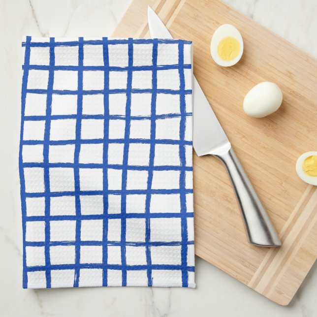 Inky Lines Chic Hand Drawn Grid Cool Blue & White Tea Towel (Quarter Fold)
