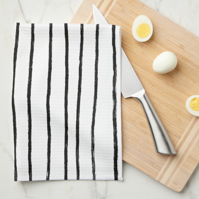 Inky Lines Chic Hand Drawn Stripes Black & White Tea Towel (Quarter Fold)