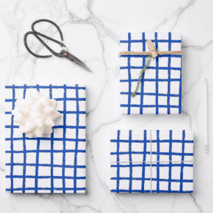 Inky Lines Grid Brushstrokes Simple Minimal Blue Wrapping Paper Sheet
