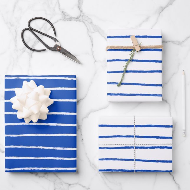 Inky Lines Stripe Brushstrokes Simple Minimal Blue Wrapping Paper Sheet (Front)