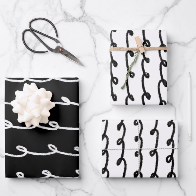 Inky Loop Brushstrokes Simple Minimal Black White  Wrapping Paper Sheet (Front)